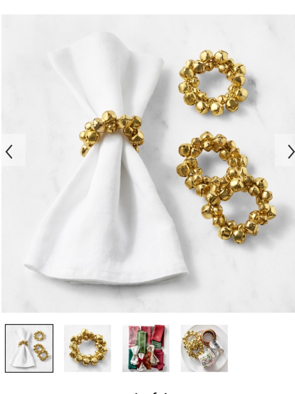 Williams Sonoma Gold Jingle Bell Napkin Rings Set of 4 Holiday‎ Christmas  new